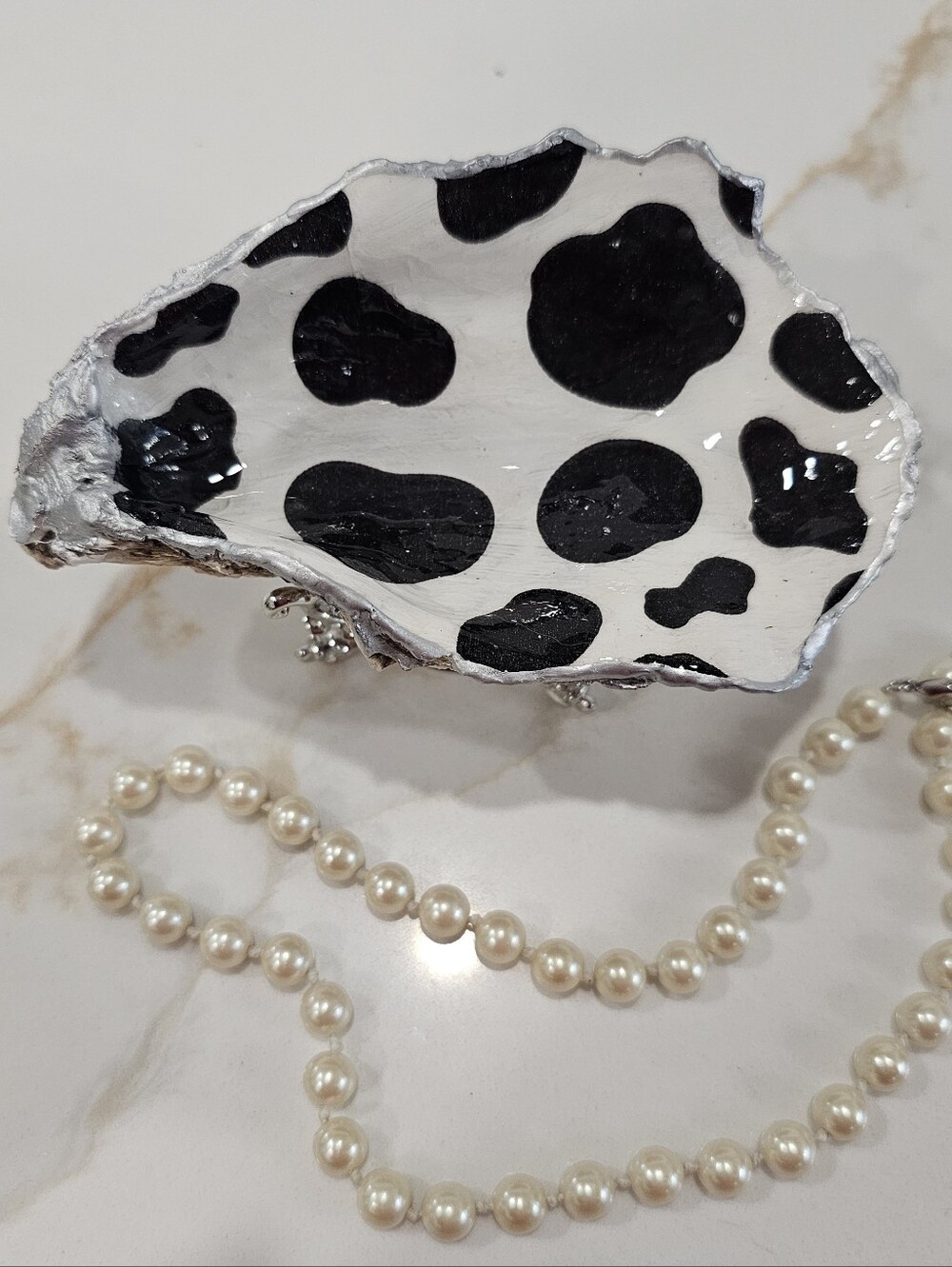 Handmade Black & White Cow Print Decoupage Oyster Trinket Dish w/ Silver Stand